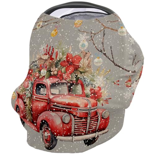 Nursing Cover for Breastfeeding Scarf, Merry Christmas Poinsettia Truck Grey Baby Car Covers Super Soft Multi Use for Canopy Shopping Cart Cover Blanket Stroller Cover