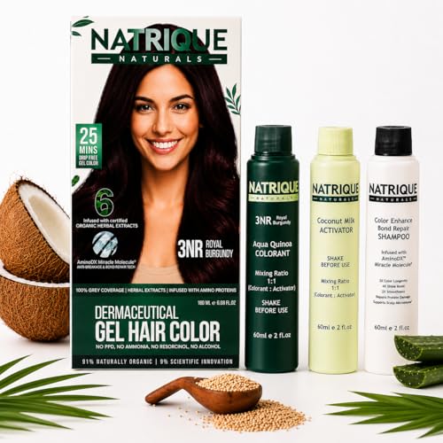 Image of Naturals Gel Hair Color with Amino Peptide Bond-Repair Technology | Ammonia, PPD & Paraben Free | 6 Herbal Extracts | 100% Grey Coverage | pH Balanced | 180gm | Royal Burgundy 3NR