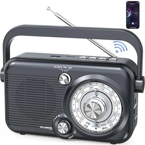 Portable AM FM Radio with Bluetooth,2000mAh Rechargeable Transistor Radio with Best Reception,Battery Powered Radio by 4X D Cell Batteries,Loud Speak,Support SD Card and USB MP3 Player,Backlight
