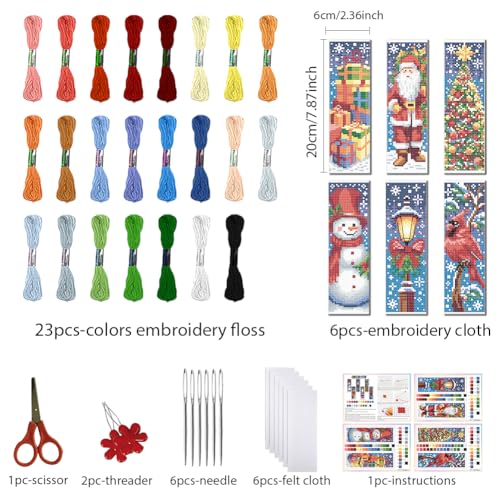 Image of FREEBLOSS 6 Set Christmas Cross Stitch Bookmark Kit for Adult Beginners Snowman Santa Claus Stamped Cross Stitch Kits Bookmarks Embroidery Kit with Instructions for Gift 11CT 8 inchx2.4 inch