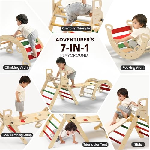 Image of BlueWood Pikler Triangle Set, Toddler Wooden Climbing Toys Indoor 7in1 Foldable Climber for Kids, Montessori Philosophy Play Jungle Gym with Arch, Ramp, Ladder (Warm Winter Christmas)