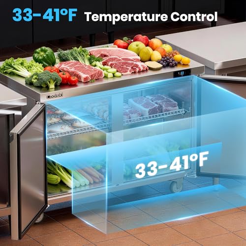 Image of Coolski 48 inchW Commercial Undercounter Refrigerator, 13.4 Cu.ft. Freestanding Stainless Steel, Double Door Under Counter Industrial Worktop Fridge for Restaurant, Bar, Shop, Kitchen Use