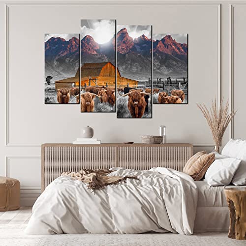 Conipit Teton Wall Art Highland Cow Canvas Mormon Barn National Park Pictures Wyoming Farm Landscape Painting For Living Room Bedroom Decor Framed 4Pcs #TOP1