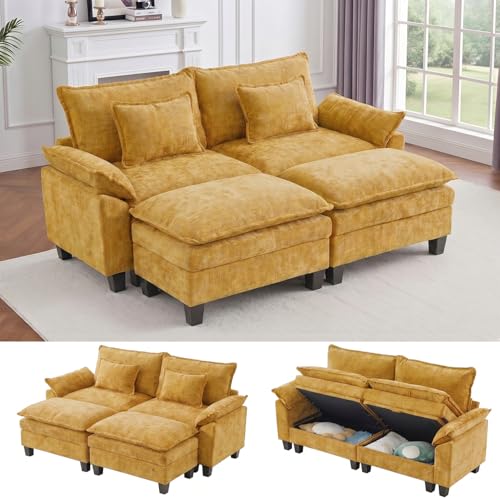 Image of IPKIG 82.3 inch Modular Cloud Couch with Storage, U Shaped Sectional Sofa with Ottoman & Pillow, Chenille Deep Seat Sectional Couches for Living Room, Apartment, Yellow