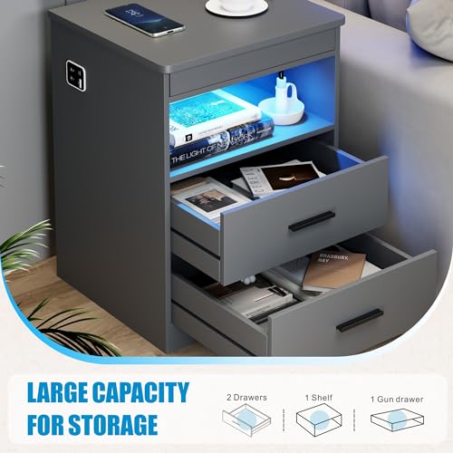 Image of LED Night Stand with Gun Drawer, Bedside Table with Charger Station & Human Sensor Light, Modern End Table with Drawers for Bedroom Office, Grey