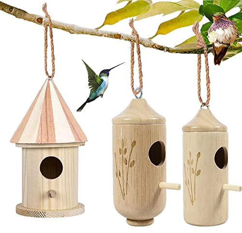 3Pcs Hummingbird House, Wooden Hummingbird House For Outside Hanging, Cute Humming Bird Nest With Hemp Ropes, Hanging Bird Houses For Outdoor Garden Home Decor, Nesting Birdhouse Nature Lovers Gift(A) #TOP24