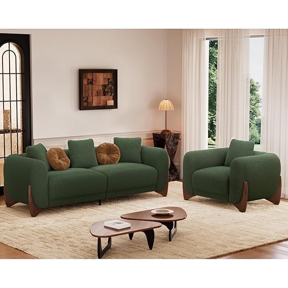 Image of Upholstered 3 Seater Sofa Three Seater Sofa with Wooden Legs for Living Room Hotels & Offices (D-2 Green 3+1)