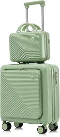 Mala De Bordo de Rodinhas + Frasqueira com Alça para Viagem - Compartimento Especial para Notebook 13 Polegadas - Fabricada em ABS e Policarbonato, Acabamento Resistente - Verde