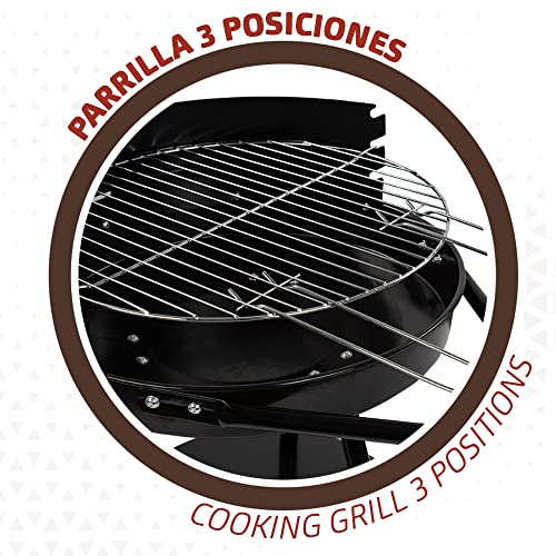 Aktive 52802 - Barbacoa carbón portátil Ø42x76,5 cm Redonda, 3 alturas regulables, 2 ruedas para facilitar el transporte, Montaje rápido y fácil, Parrilla con dos mangos extraíbles