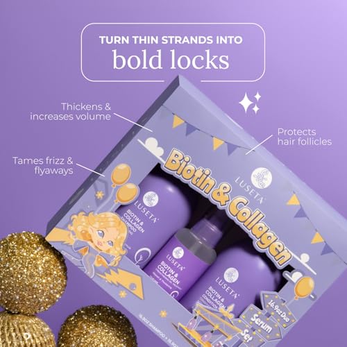 Image of Luseta Biotin Trio Hair Care Set Moisturizing Shampoo and Conditioner Set 16.9 oz*2 and 3.38 oz Hair Serum Thickening for Thinning Damaged Dry Hair
