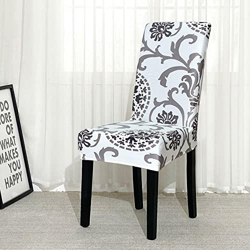 Image of House of Quirk Elastic Chair Cover Stretch Removable Washable Short Dining Chair Cover Protector Seat Slipcover (Pack of 1, White /Grey Demask)
