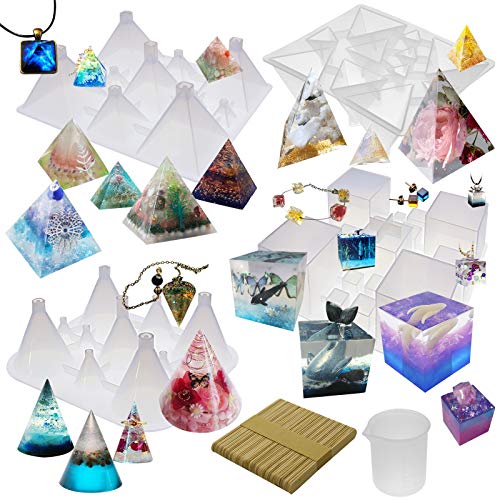 Funshowcase Pyramid Cone Cube Geometric Resin Silicone Molds Pack Of 4 Trays, 100Ml-Rubber-Measuring-Cup, 50-Wood-Stir-Sticks #TOP10