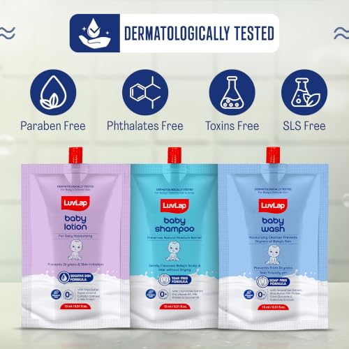Image of LuvLap Baby Wash, Baby Shampoo, Baby Lotion -45ml, Sample Pack, Dermatologically Tested