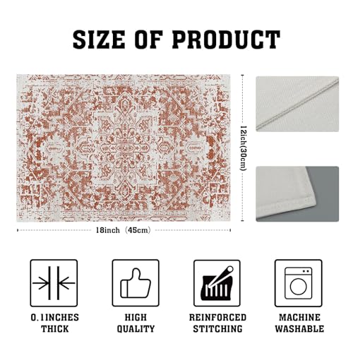 Image of Gray Burnt Orange Boho Placemats Set of 6 Ethnic Bohemian Carpet Place Mats Washable Kitchen Dining Vintage Grey Geography Floral Linen Table Mats Stain Heat-Resistant for Home Party Indoor 12x18 in