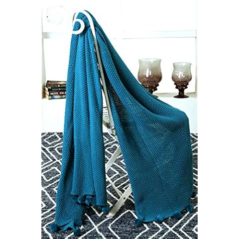 Excel Hometex 100% Cotton Seed Stitch Knit with Decorative Pom Poms Oversize Breathable Throw (50" x 70") (Teal) Cover