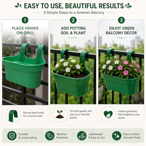 Image of Go Hooked 12 Inch Plastic Railing Hanging Planter Pot Set of 7 | Rectangular Flower Pots with Double Hook for Garden Fence Balcony Indoor Outdoor Home Decor | Durable Plant Container (Multicolor)