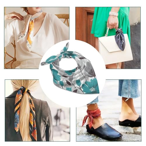 Teal Grey And White Floral 25 Inches Satin Head Scarf Lightweight Silk Hair Scarves Soft Silk Head Scarf for Women Large Satin Bandanas Square Headscarf Fashion Headband Neckerchief Neck Scarves Gift4