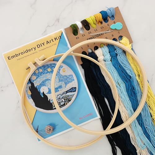 Image of Esffaci Embroidery Starter Kit for Adults Beginners with Van Gogh Starry Night Pattern Stamped Cross Stitch Set with Embroidery Cloth Hoop Needles Threader Colorful Floss and Instruction