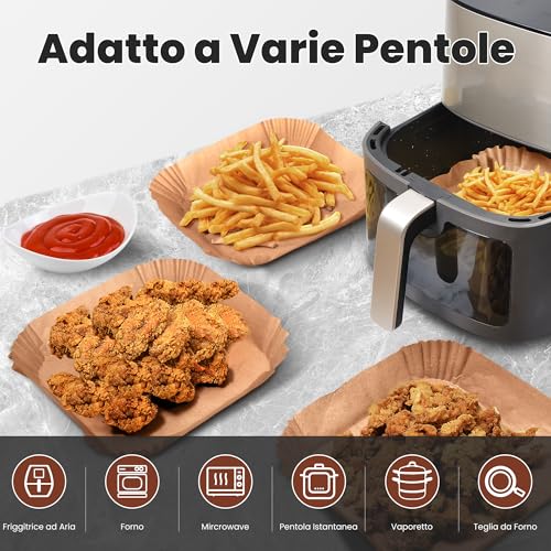 KitchenBoss Carta Forno Per Friggitrice Ad Aria: 100 Pezzi Contenitori Fogli Per Friggitrice Ad Aria Quadrata 20-24cm, Antiaderente Usa e Getta Carta Pergamena per Air Fryer Forno Padelle Microonde - Immagine 4