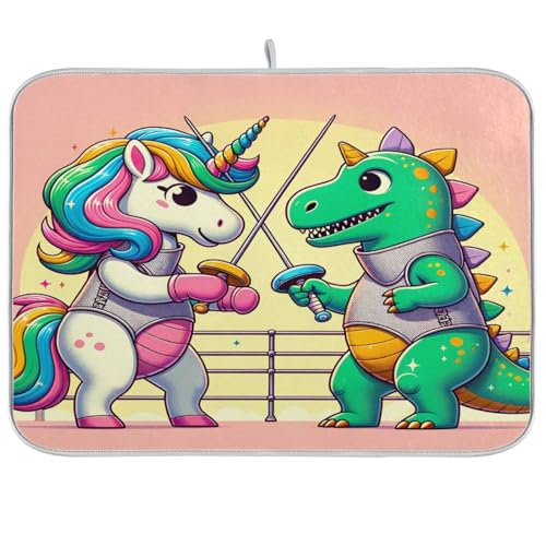 Tapete de secado de esgrima de unicornio y dinosaurio de dibujos animados de 18 x 24 pulgadas para escurridor de platos
