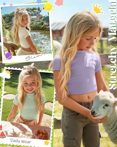 Oakgarden 3 Pack Girls Shirts Short Sleeve Tops for Kids Summer Crop Tops Clothes for Girls Mock Turtleneck Tees 5-16 Y(15-16 Years,Light Purple, Light Green, Apricot) — view 2