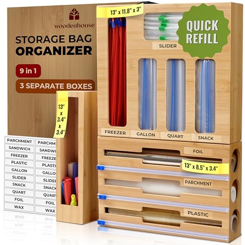 Kitchen Drawer Organizer, 9 in 1 Sandwich Storage Bag Organizer & Foil Wrap Dispenser - Fits Gallon, Quart, Snack - Plastic Bag Storage for Kitchen Organization [Measure Your Drawer Before Ordering]