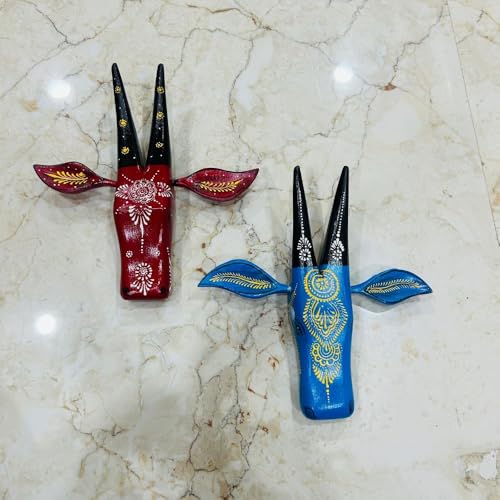 Image of SHREE 'O' GREEN TECH Wooden Cow Head Wall Hanging Handcrafted Bull Nandi Wall Decor Tribal Wooden Animal Face Sculpture for Living Room, Cafe, Home Entrance & Rustic Interior Decor (Set Of 2)