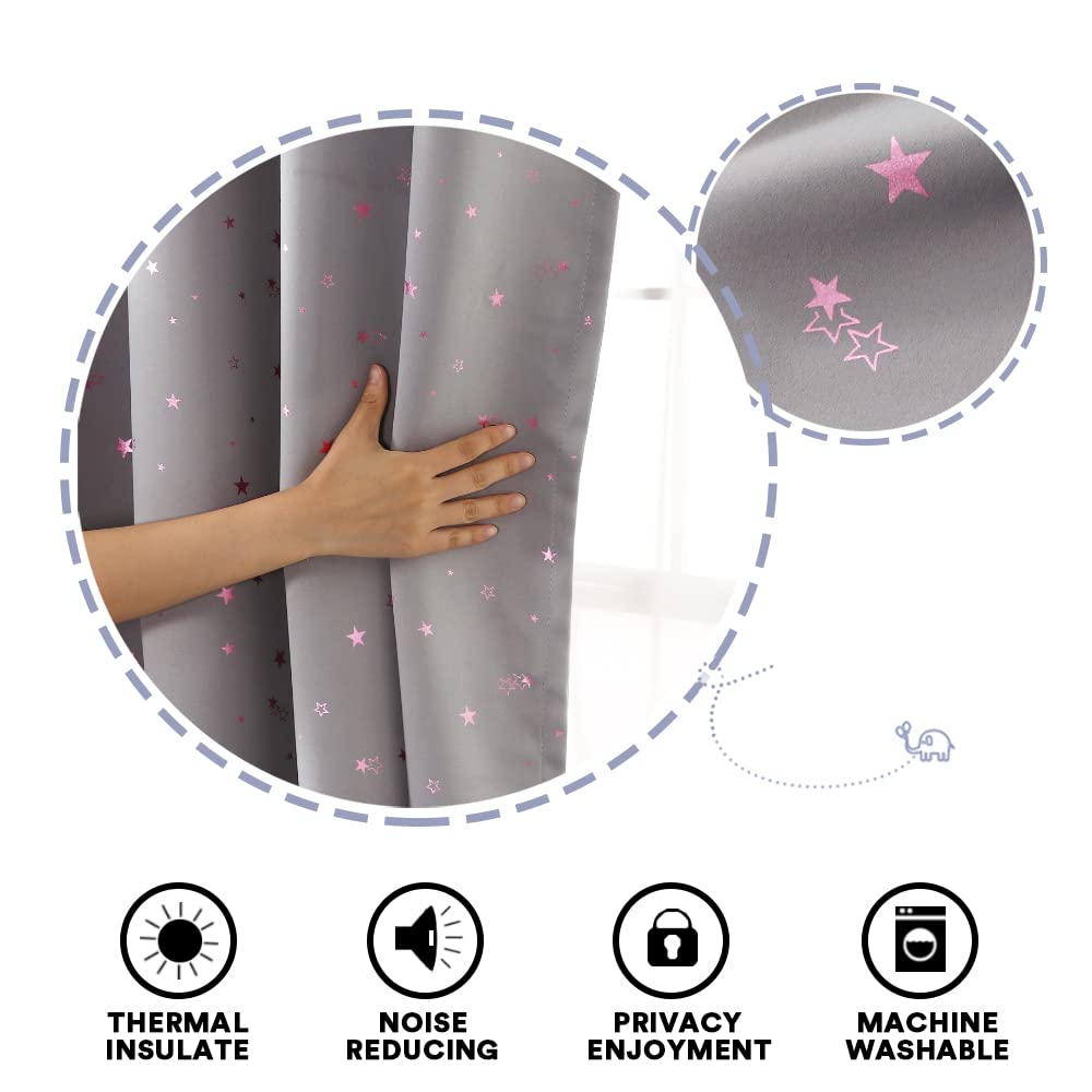 Cortinas opacas para dormitorio de niños, con aislamiento térmico, cortinas de estrella rosa centelleante para niños y niñas, tratamiento de ventana antiguo con ojales superiores, 2 paneles de cortina
