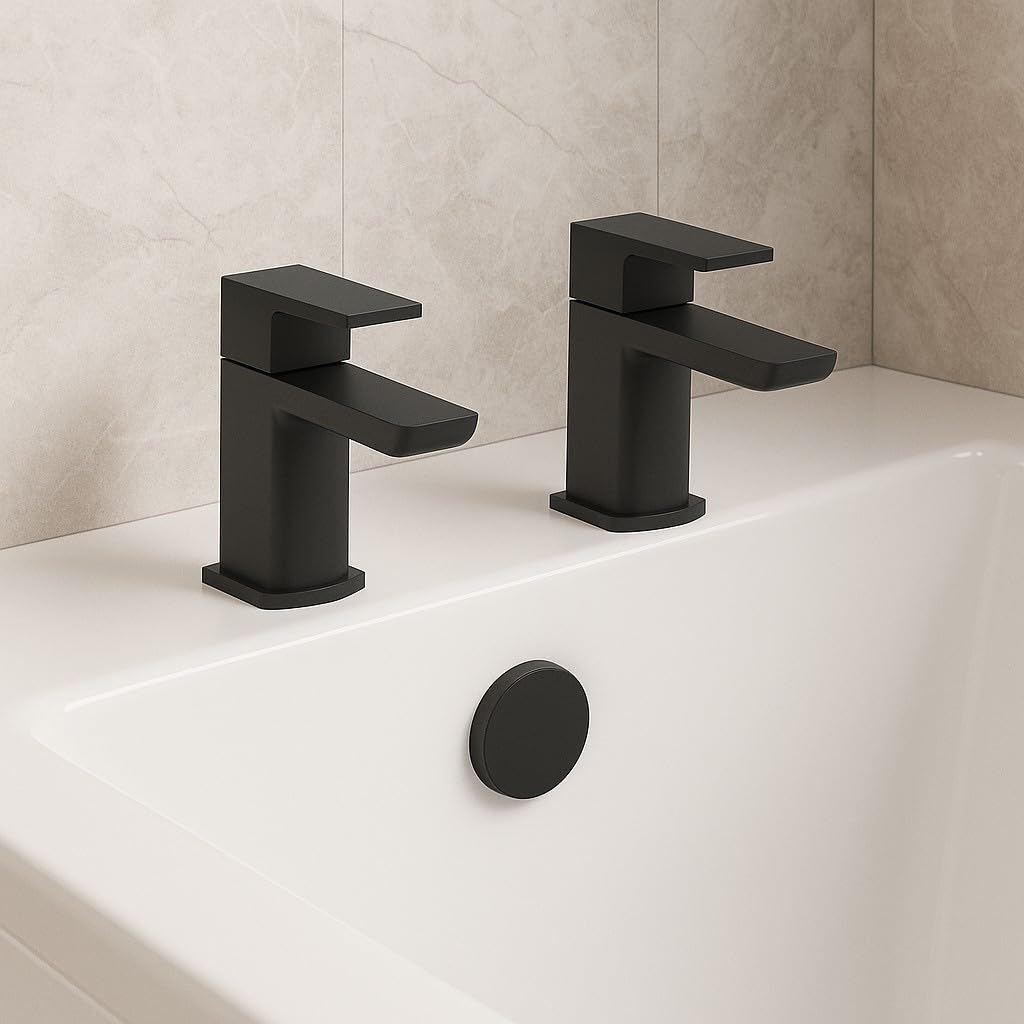 Mura Matt Black Bath Pillar Taps (Pair) Hot And Cold | Matt Black Finish | Deck Mounted | Bath Taps | Lever Handle Design | 5060764163163