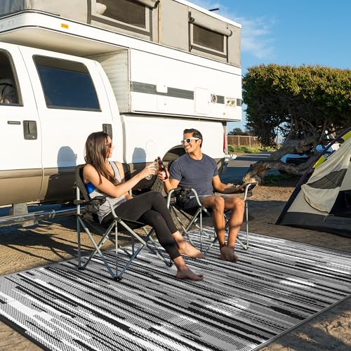 Image of GENIMO Outdoor Rug for Patio Clearance, 6'x9' Waterproof Camping Mat, Reversible Plastic Straw Rugs for RV, Camper, Balcony, Backyard, Picnic, Deck (Black White)