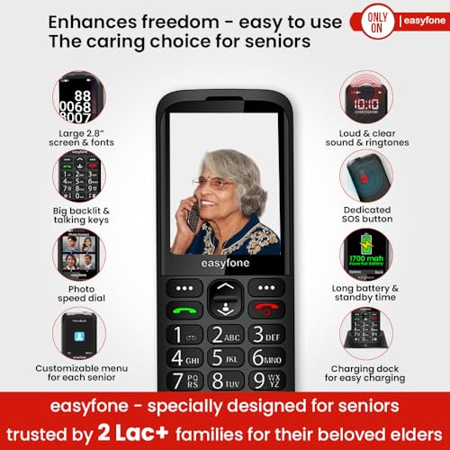 Image of Easyfone Elite 4G Phone for Seniors | 2.8 inch Big Screen | Loud Sound | Big & Talking Buttons | USB-C & Dock Charger | SOS | Photo Speed Dial | FM | Customizable Menu