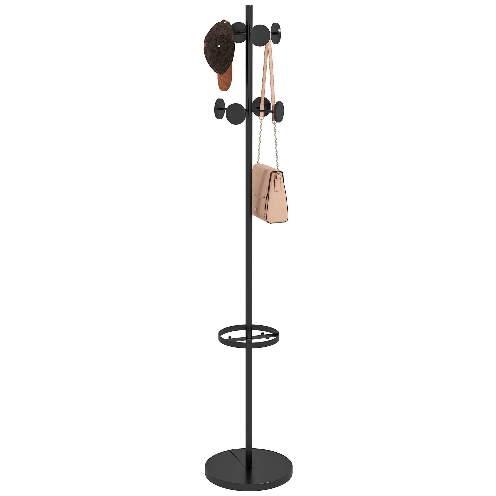 HOMCOM Floor Coat Stand with Umbrella Stand, Entrance and Corridor Hanger with 8 Metal Clothes Hooks Ø34 x 177cm, Black (porte-manteau au sol avec porte-parapluie, cintre d'entrée et de couloir avec 8