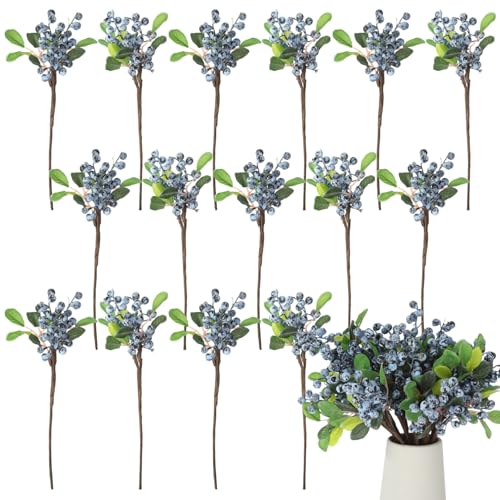 Toyosport 20 Pcs Artificial Blueberry Stems Faux Berry Branches with Leaves Realistic Blueberry Twig Sprays for Vase Filler Home Decor Wedding Centerpiece and Seasonal Arrangement
