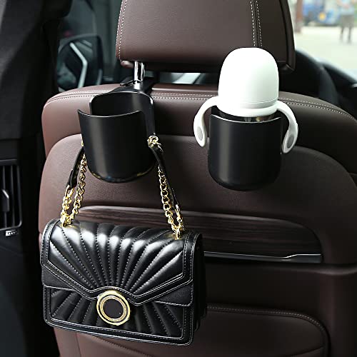 Movecup Car Seat Headrest Hook Organizer with Cup Holder - Universal Vehicle Storage Hanger for Handbags, Groceries, Backseat Organizer, Car Accessories Fit All Cars(Black)