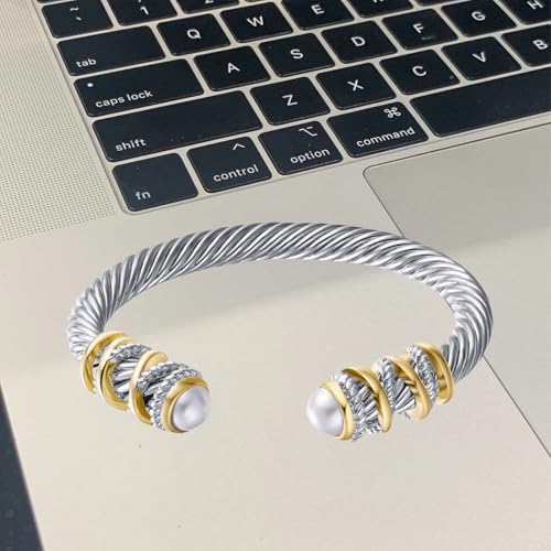 Decpro Antique Twisted Cable Bracelet with Composite Shell Pearl Inlay Alloy Cuff Bracelet for Women3