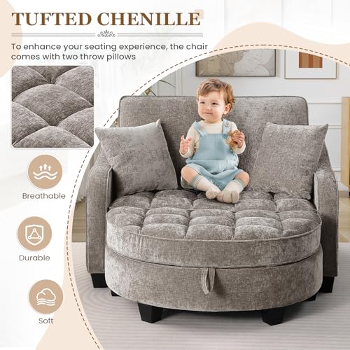 Image of Oversized Chair and A Half, Chenille Tufting Accent Cozy Reading Sofa Chair with Storage Ottoman, Upholstered Loveseat Chaise Lounge Sofa with Adjustable Back for Living Room, Office, Sunroom, Brown