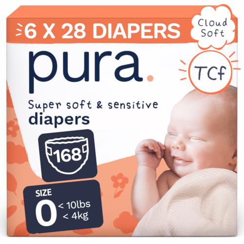 Image of Pura Newborn Baby Diapers - Size N (Up to 10 lbs),168 Diapers, Cloud Soft Disposable Diapers for Sensitive Skin, Totally Chlorine Free, Blowout Blocker & Wetness Indicator