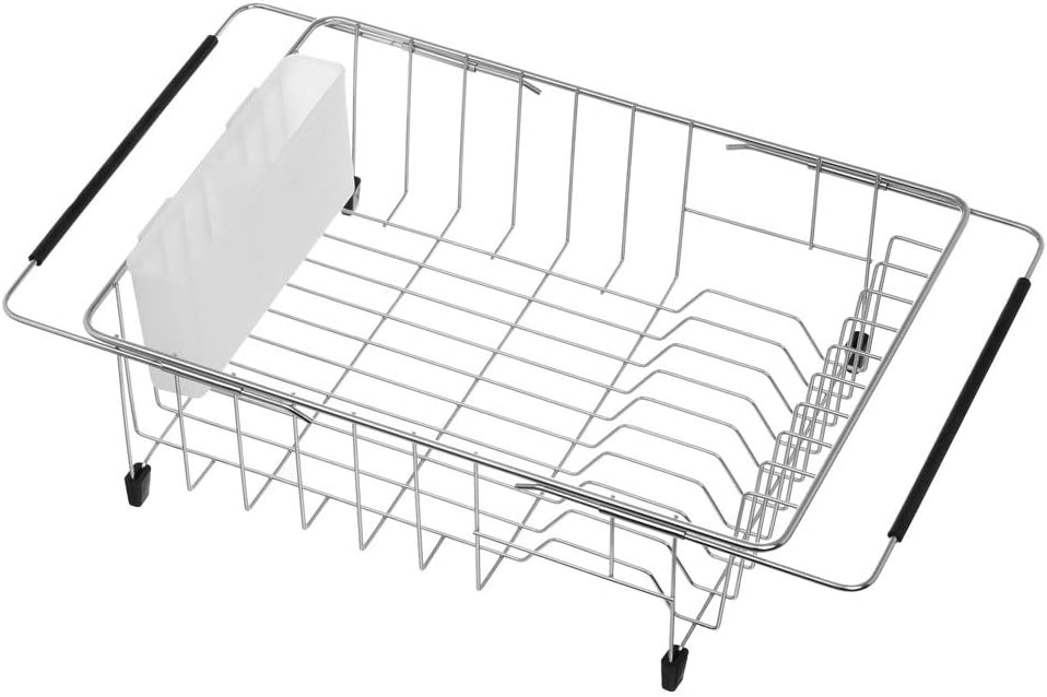 SANNO Large Expandable Dish Drying Rack Sink Dish Rack in Sink or On Counter, Dish Drainer Rustproof Stainless Steel with White Utensil Silverware Storage Holders