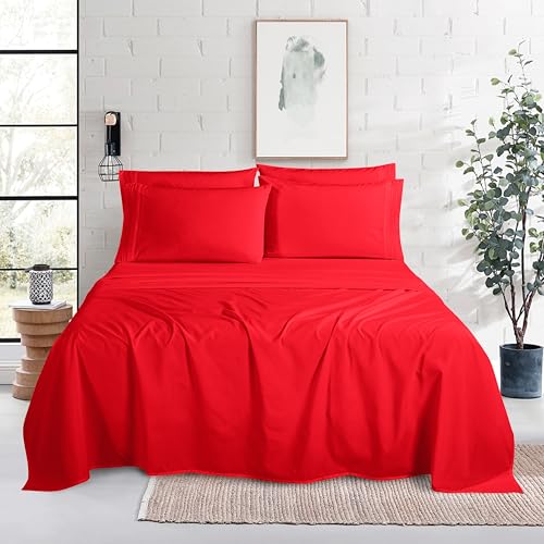 Image of Mocassi Luxury 6-Piece Sheet Set, Ultra Soft 1800 Premium Hotel Quality Microfiber Sheet Set, Fits Mattresses Up to 18 to 24 Inches Extra Deep Pocket - Breathable and Secure Fit, Queen, Red