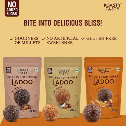 Image of Roasty Tasty Assorted-Millets & Dryfruits Ladoo Combo | 3 Flavours Cocoa Orange & Coconut | Energy Bar Replacement | No Added Sugar | Healthy Snacks | Rich in Proteins | Nuts Mithai | 360g(Pack of 120g each)