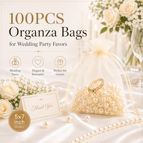 Image of ANZNKU 100 Pack Ivory Organza Bags 5x7 In, Small Mesh Gift Bags Bulk with Drawstring for Jewelry Candy Sachet Soap, Goodie Pouches for Wedding Baby Bridal Shower & Birthday Party Favors