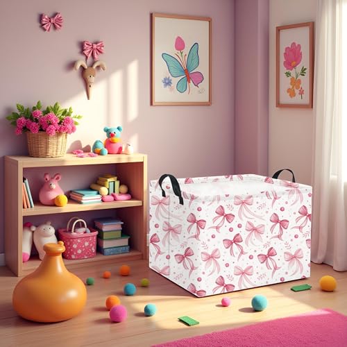 Image of Rectangular Pink Basket for Girls Kids Baby Storage Basket Toy Storage Bin Organizer Box Room Decor(Pink Bowknot)