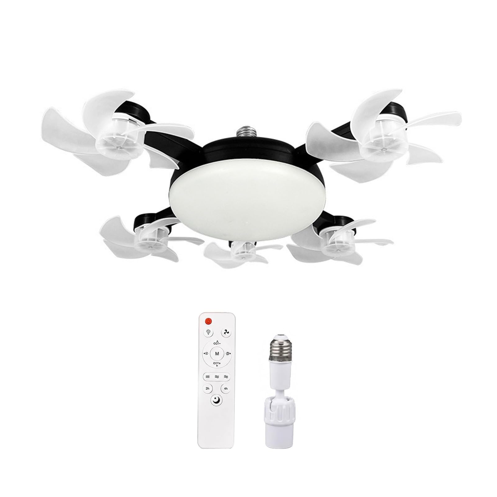 Ceiling Fan with Light and Remote Control, Foldable Blade Silent LED Fan Light, E27 Socket Fitting, 3-Speed Dimmable Lamp for Bedroom Kitchen, 40-60cm Adjustable Black 5pcs C