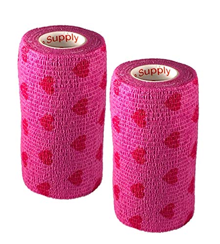Image of Vet Wrap Tape (Pink with Hearts) (2 Pack) (4 Inch x 15 feet) Self Adhesive Adherent Adhering Cohesive Flex Self Stick Bandage Grip Roll Dog Cat Pet Horse