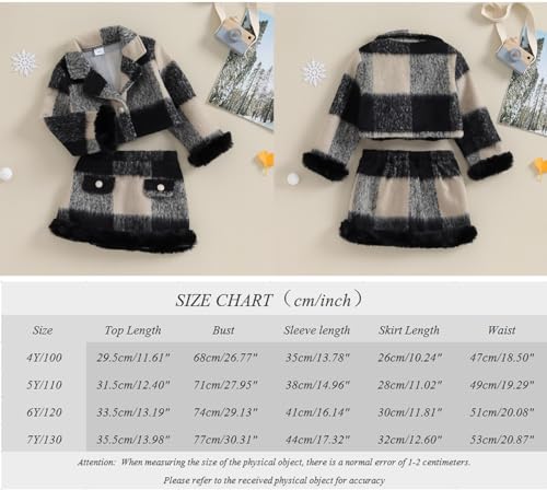 2PCS Baby Girls Plush Plaid Outfit Lapel Long Sleeve Fur Hem Button Jacket Shrug + A-line Skirt Sets2