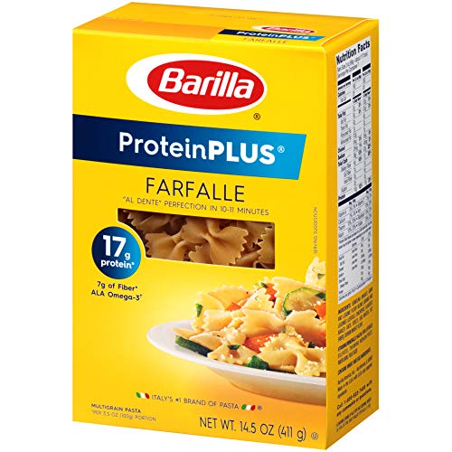 BARILLA Protein+ (Plus) Farfalle Pasta | Protein from Lentils, Chickpeas & Peas | Good Source of Plant-Based Protein | Protein Pasta | Non-GMO | Kosher Certified | 14.5 Ounce Box (7 Servings per Box)