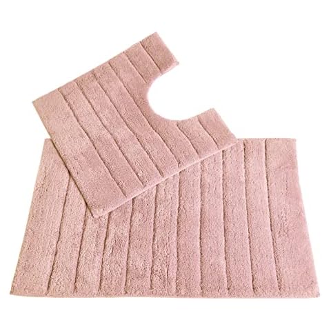 Allure Ribbed Design 2 Piece Bath and Pedestal Toilet Mat Set, 100% Cotton (Blush Pink) Cover