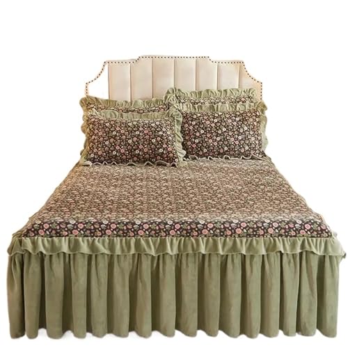 Faldón de Cama 3pcs Small Floral Pattern Plush Bed Skirt Winter Thick Flounce Edge Bedspread Mattress Protective Cover Anti Slip Bedsheet para el armazón de la Cama(C,180x200cm)