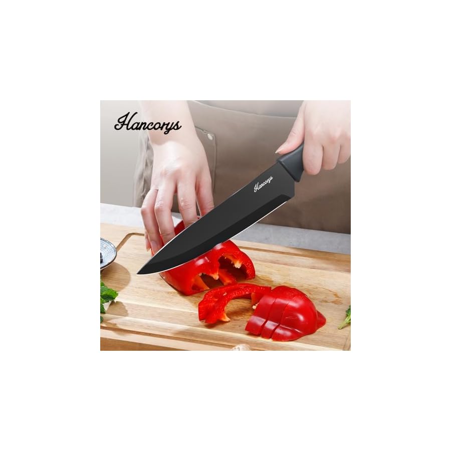 Knife Sets for Kitchen with Block, 15 Pieces Chef Knife Set with Self Sharpening, Stainless Steel Nonstick Ceramic Anti-Rust Coating Blades, Ergonomic Handle, Black Grey