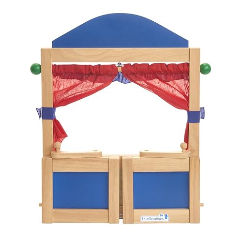Miniatura 3 de Excellerations Teatro de marionetas de juego dramático de mesa con panel de borrado en seco y cortinas, juego de simulación, juguete educativo,